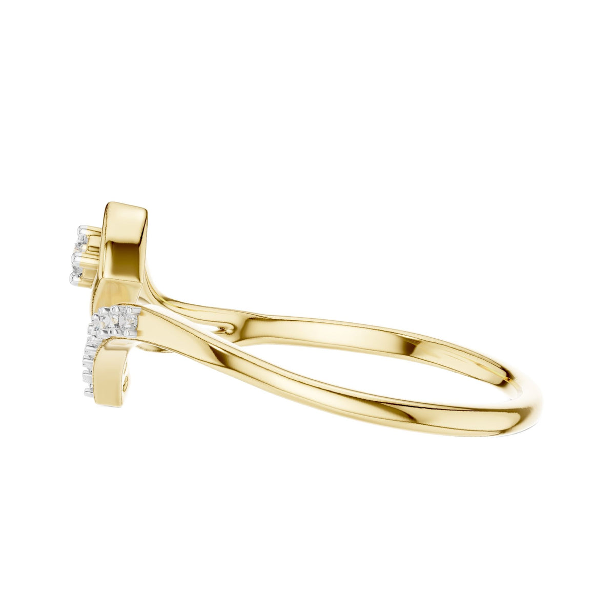 Asymmetric diamond wave ring with round diamonds in 10K yellow gold, side profile