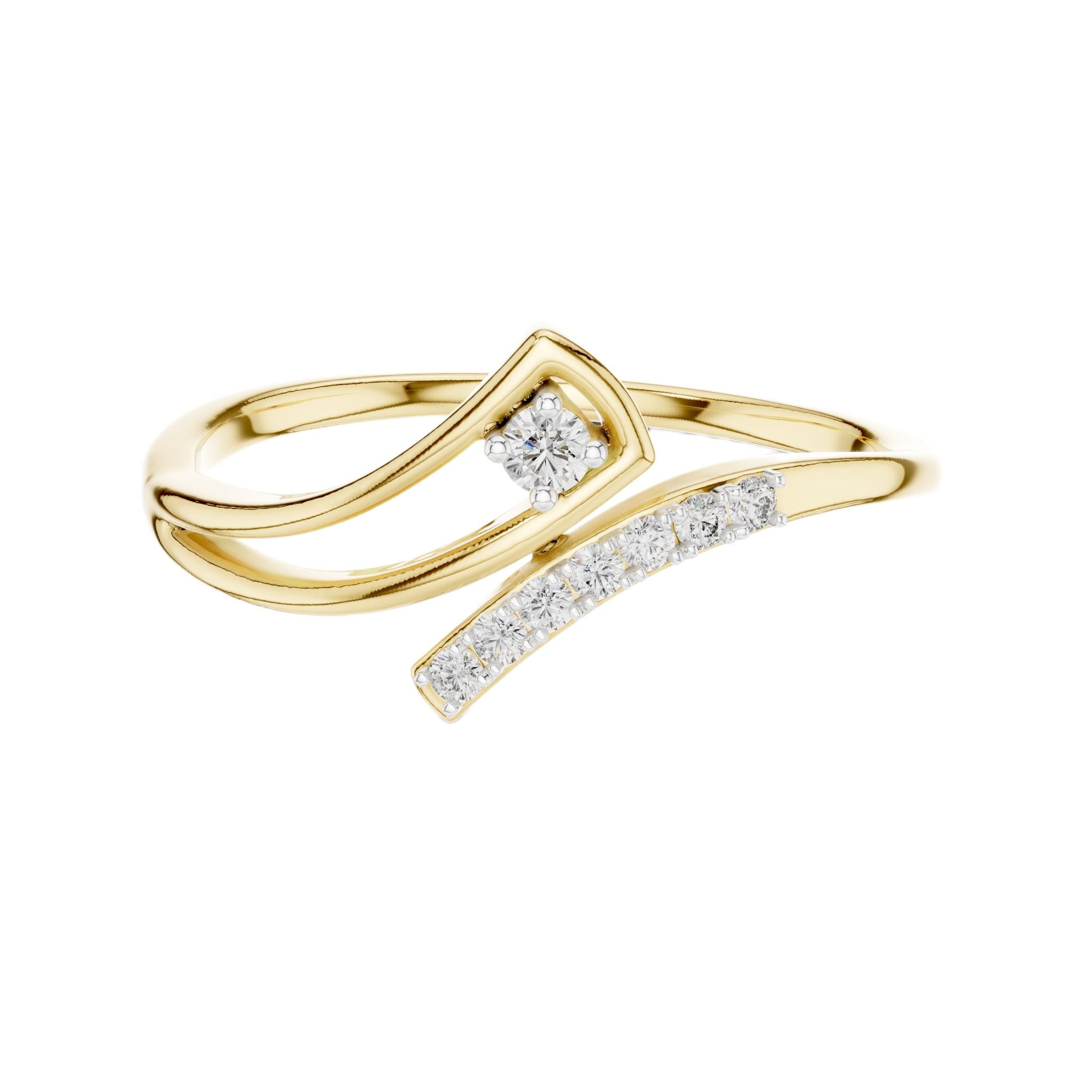 Asymmetric diamond wave ring in 10K yellow gold with round center diamond and pave band
