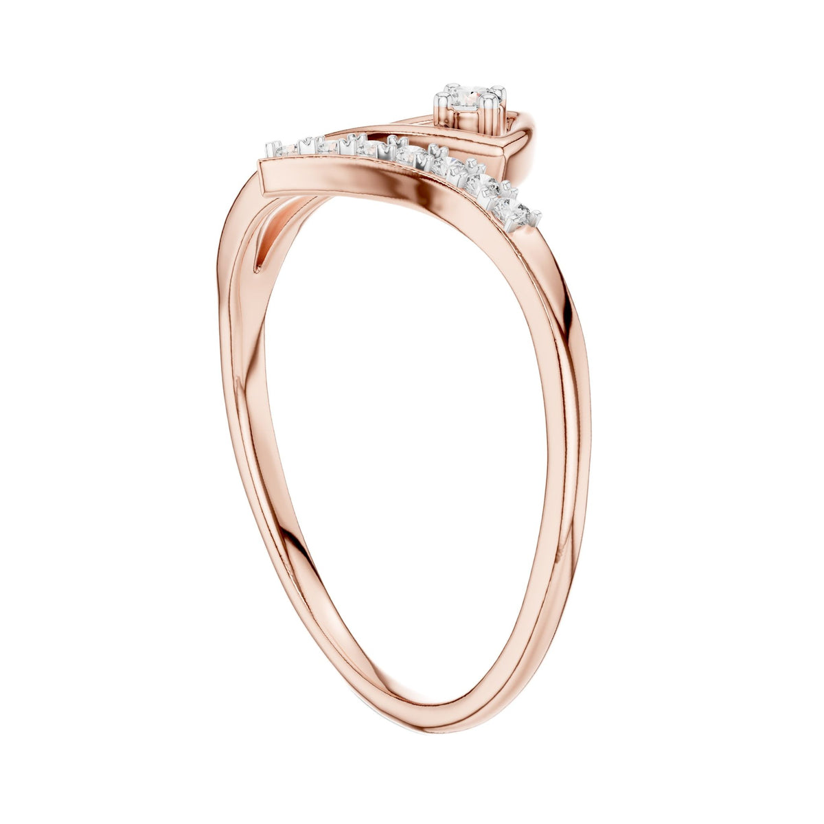 Rose gold diamond wave ring with round center stone and curved pave band