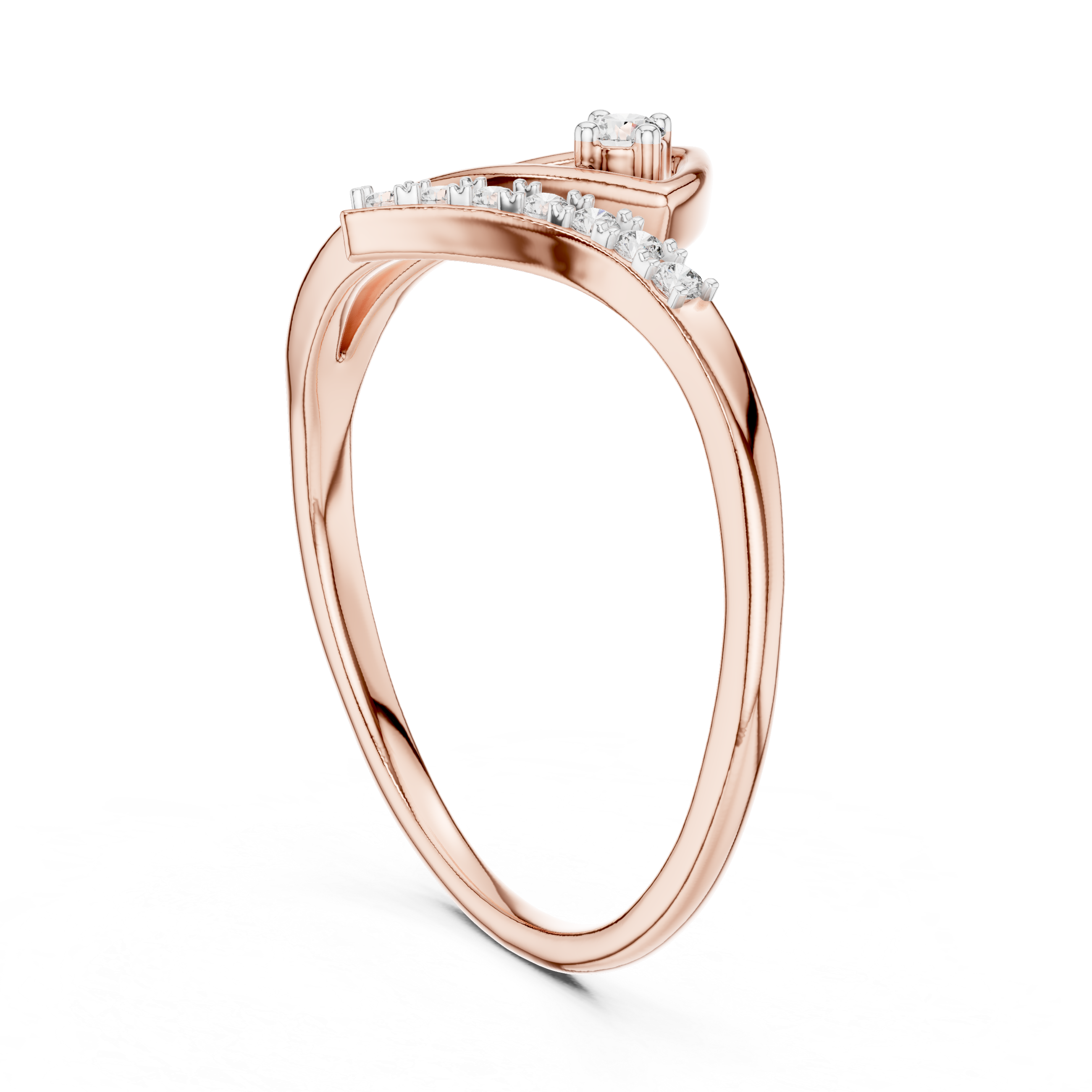Rose gold diamond wave ring with round center stone and curved pave band
