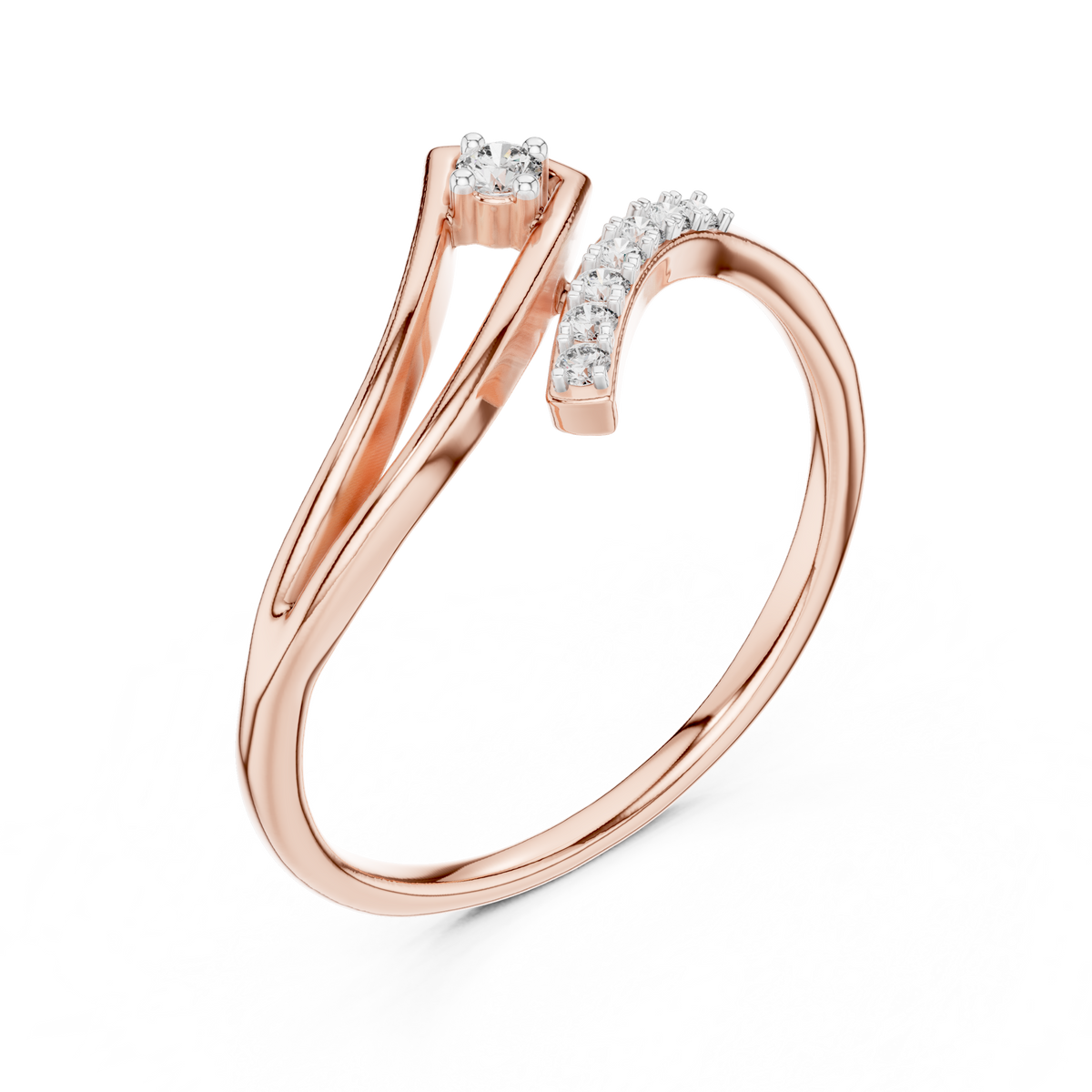 Rose gold diamond wave ring with round center stone and pave detail on band