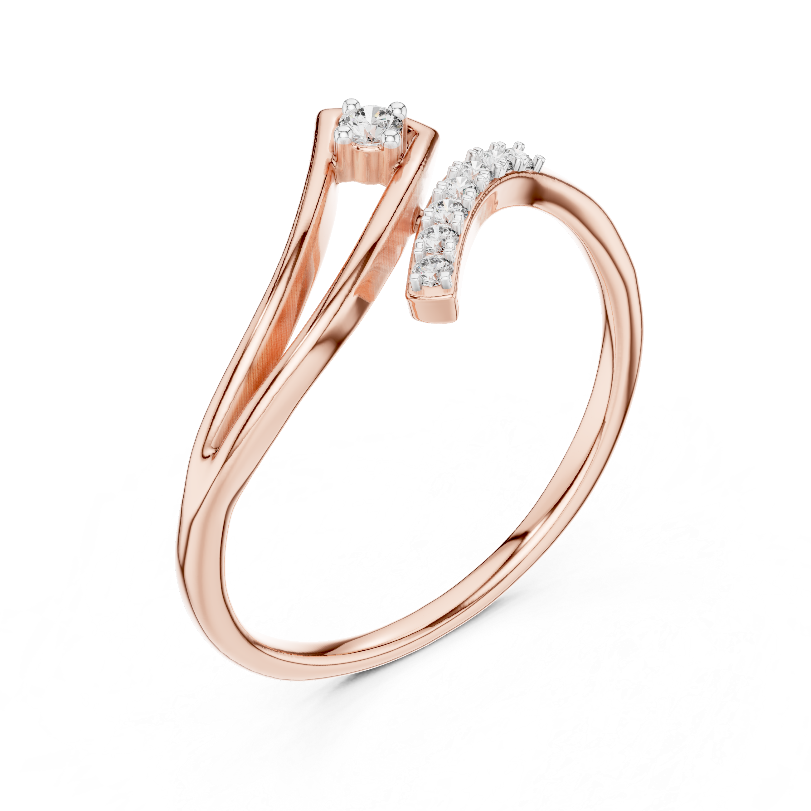 Rose gold diamond wave ring with round center stone and pave detail on band