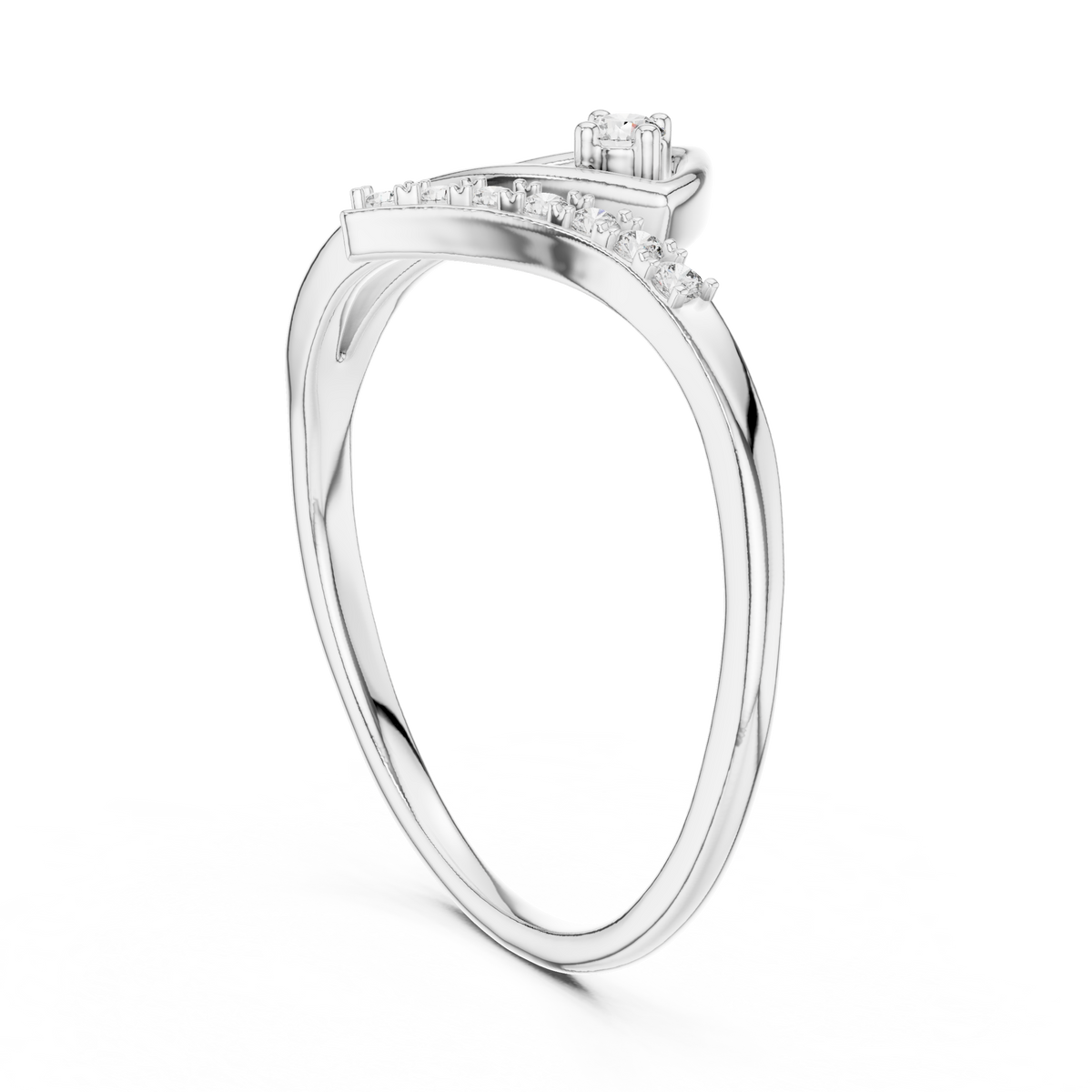 White gold diamond wave ring with round center stone and pave accents
