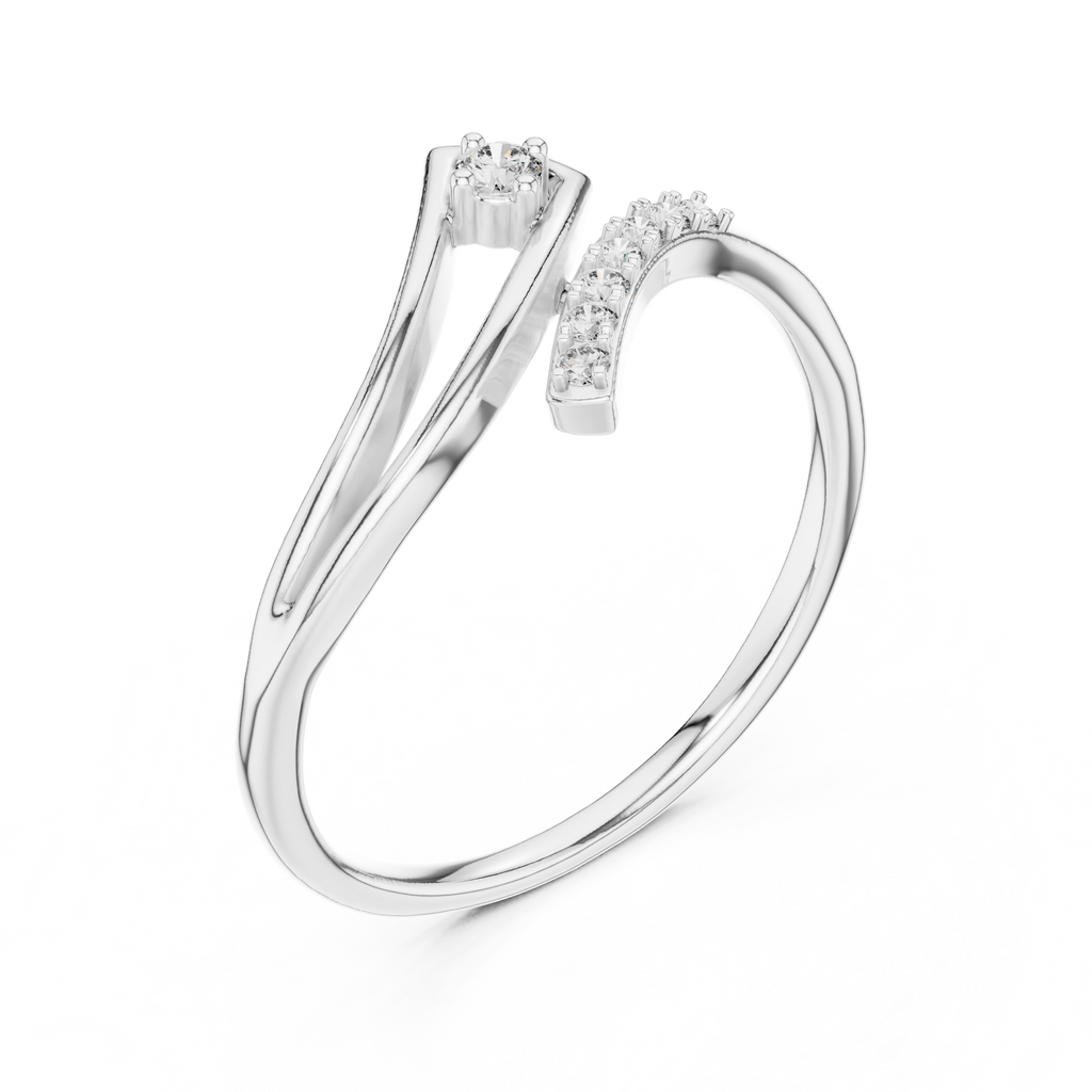White gold diamond wave ring with round center stone and curved pave band