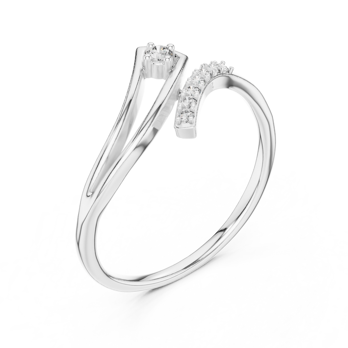 White gold diamond wave ring with round center stone and curved pave band