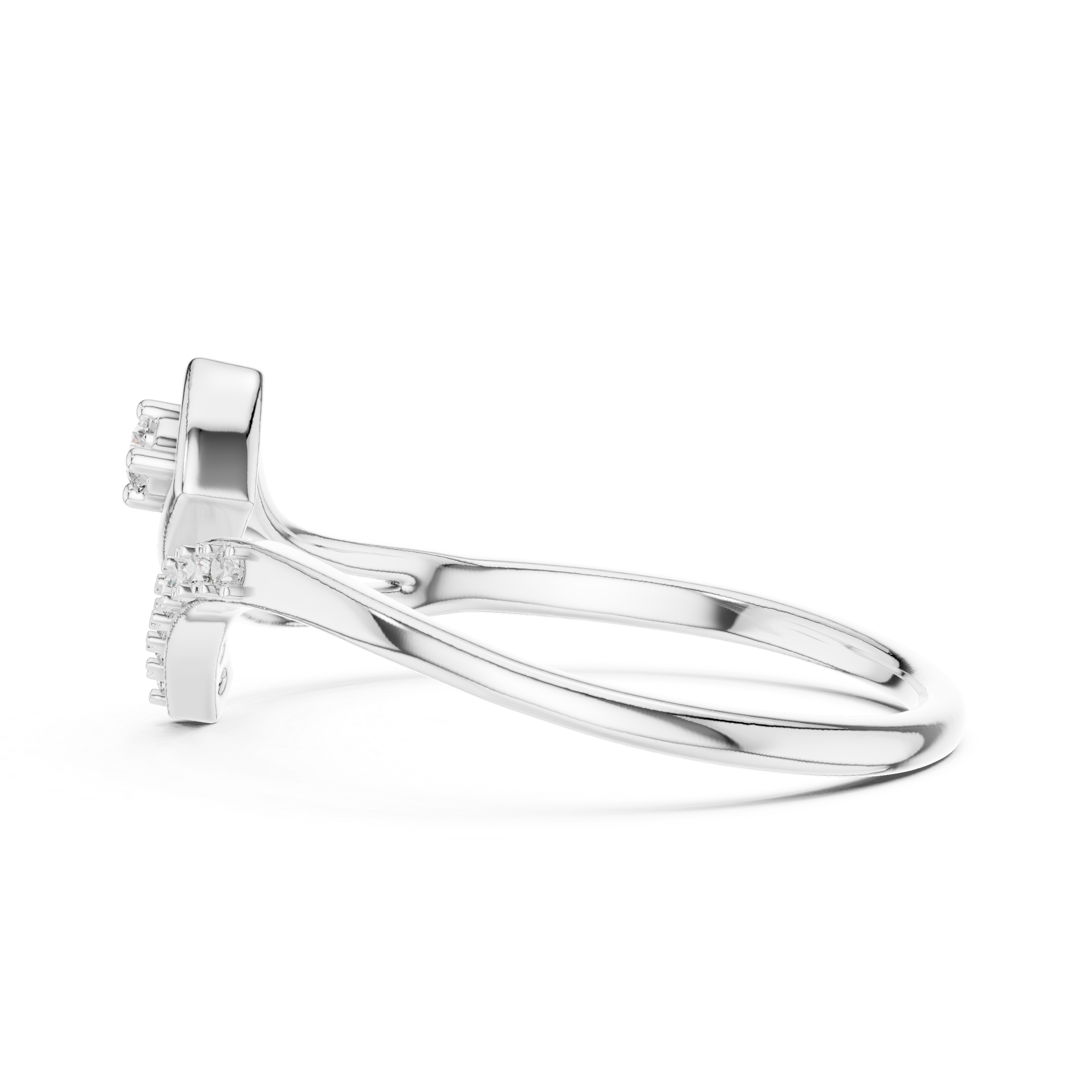 White gold diamond wave ring side view with prong-set round center stone