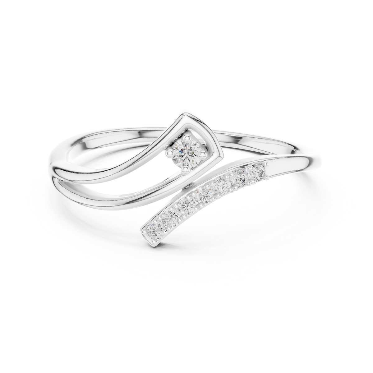 White gold diamond wave ring with round center stone and pave accents