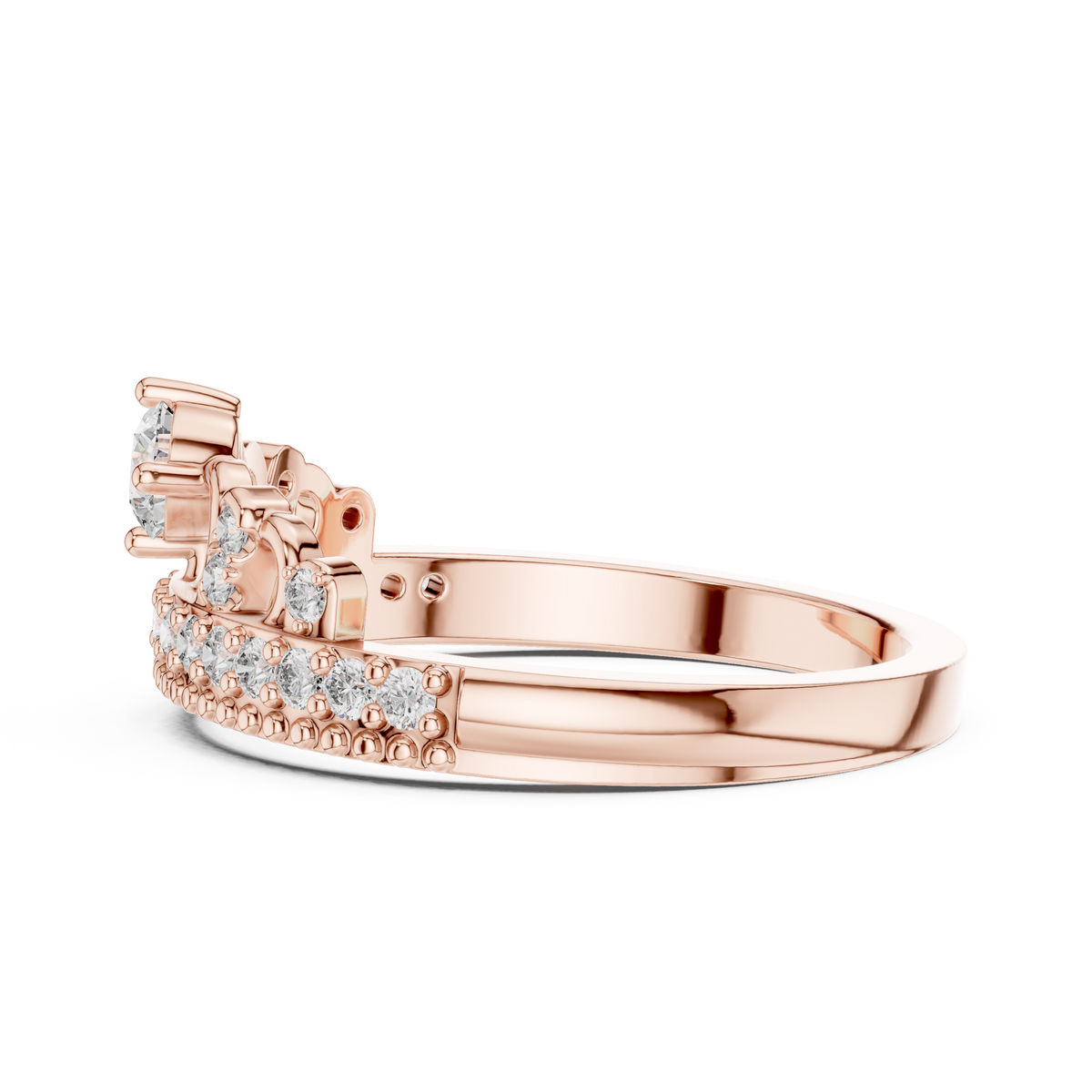 Rose gold diamond tiara crown ring with round center and pavé crown band