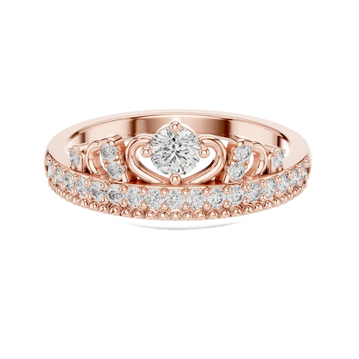 Rose gold diamond tiara crown ring with round center stone and pavé accents