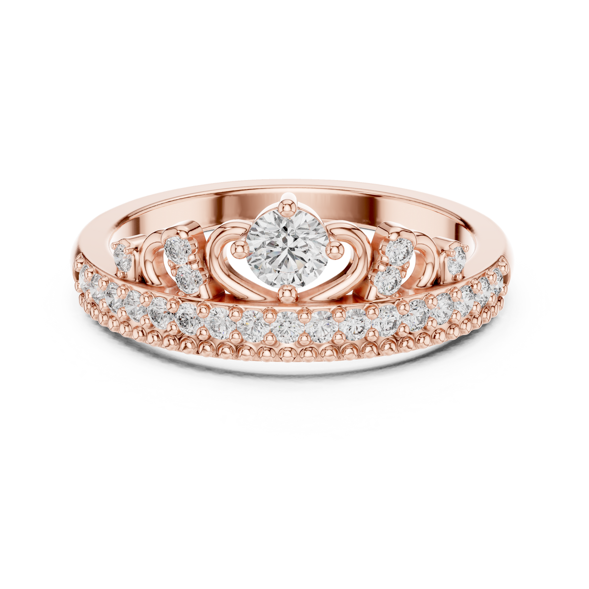 Rose gold diamond tiara crown ring with round center stone and pavé accents