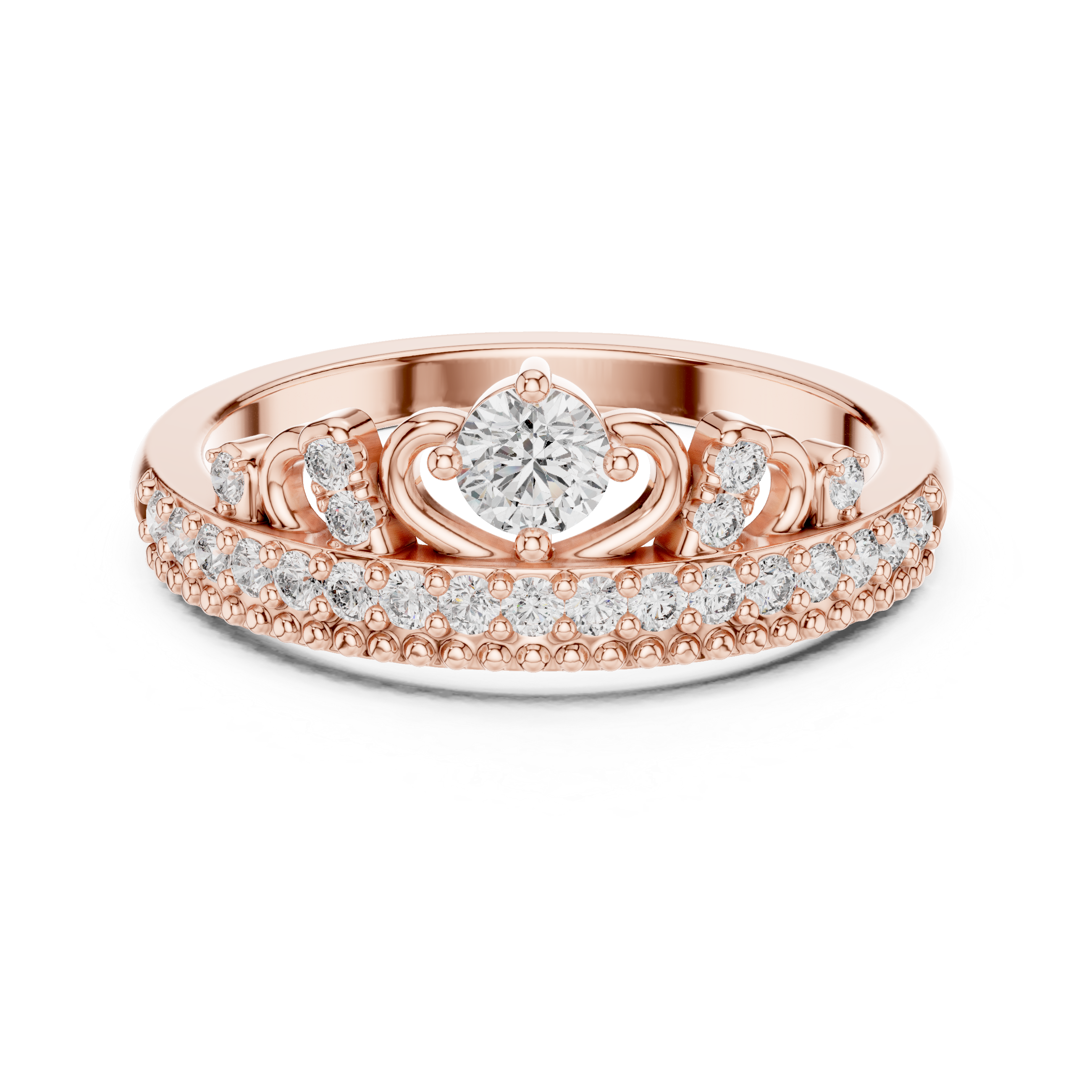 Rose gold diamond tiara crown ring with round center stone and pavé accents
