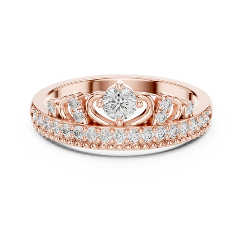Rose gold diamond tiara crown ring with round center stone and pavé accents