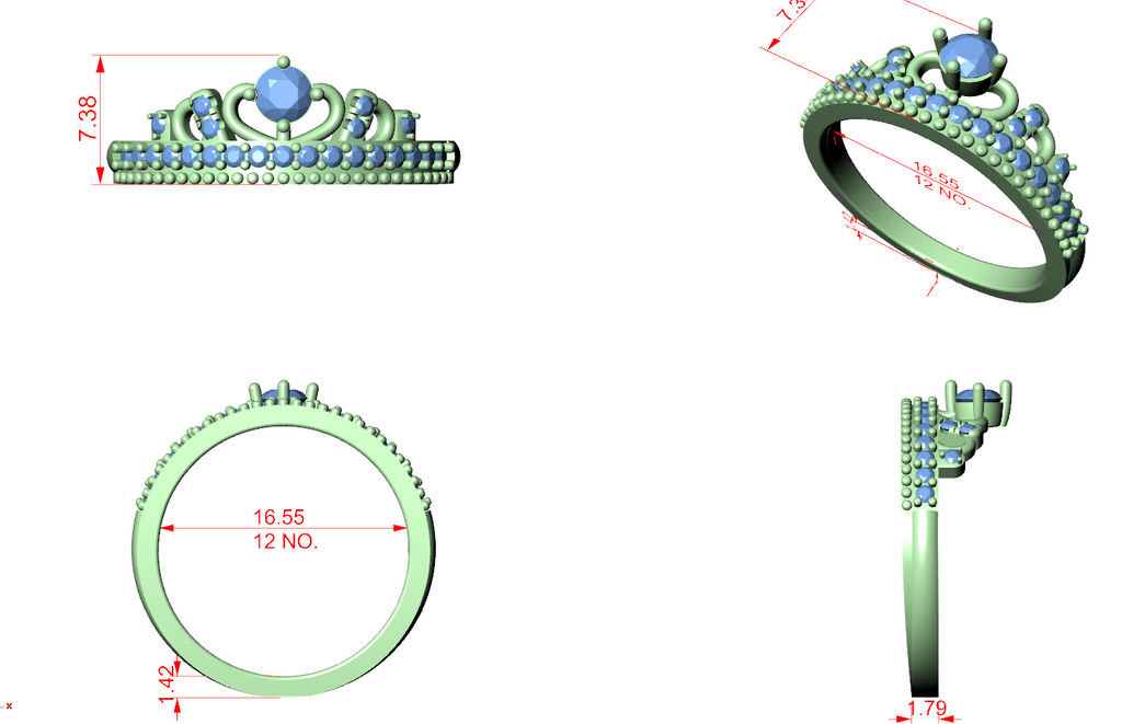 Diamond tiara crown ring CAD model with green/blue parts and measurement lines