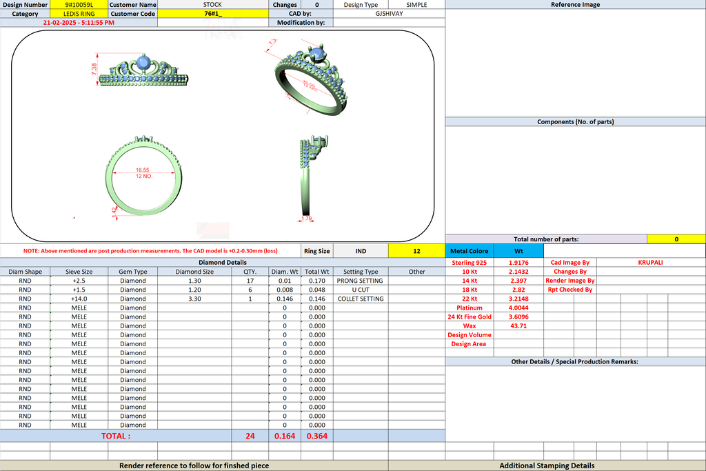 Diamond ring CAD specification sheet with components table and metal totals