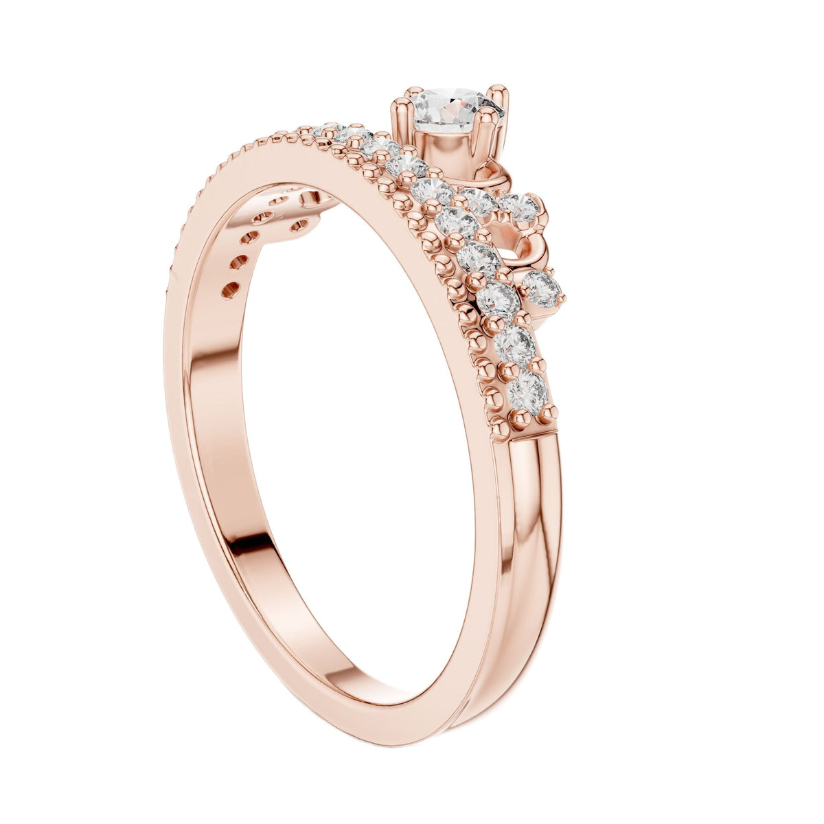 Rose gold diamond tiara crown ring side profile with round center stone