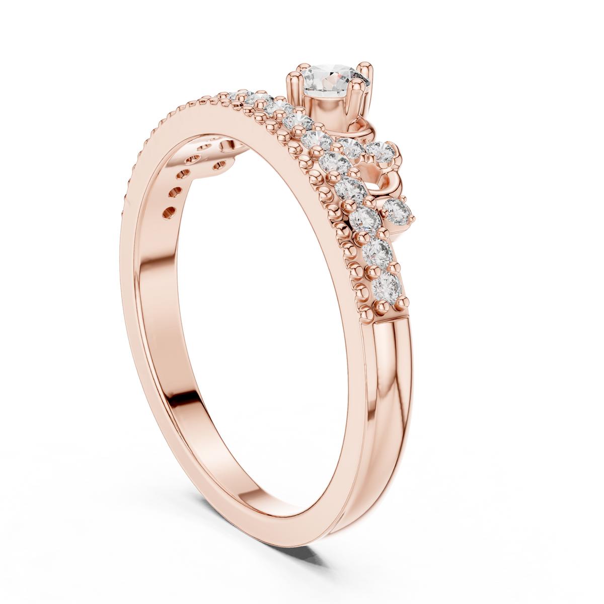 Rose gold diamond tiara crown ring side profile with round center stone