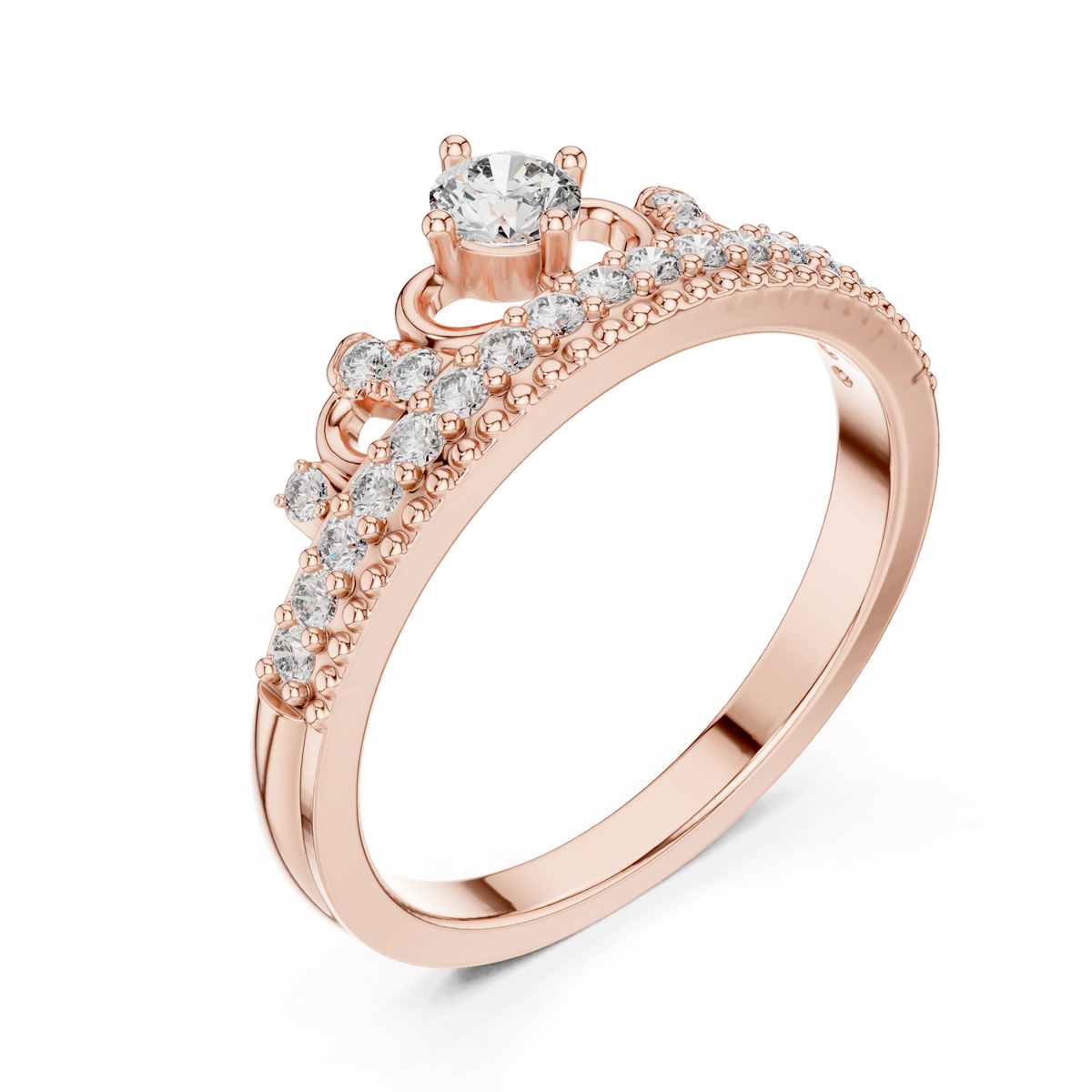 Rose gold diamond tiara crown ring side view with round center stone and pavé