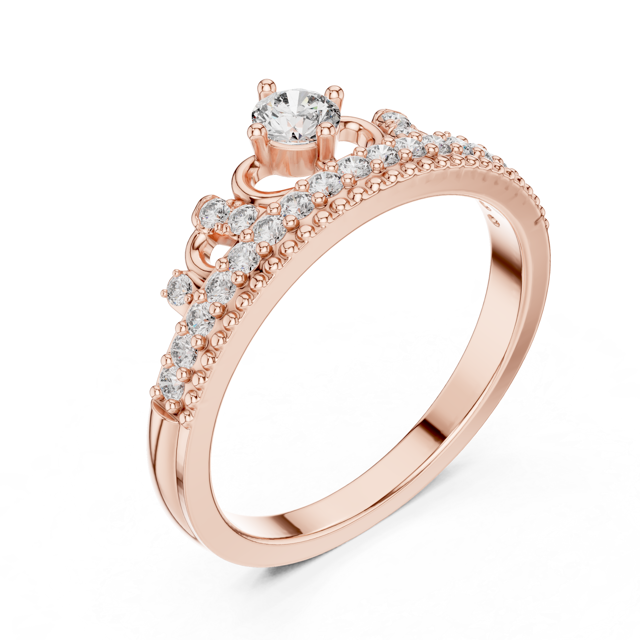 Rose gold diamond tiara crown ring side view with round center stone and pavé