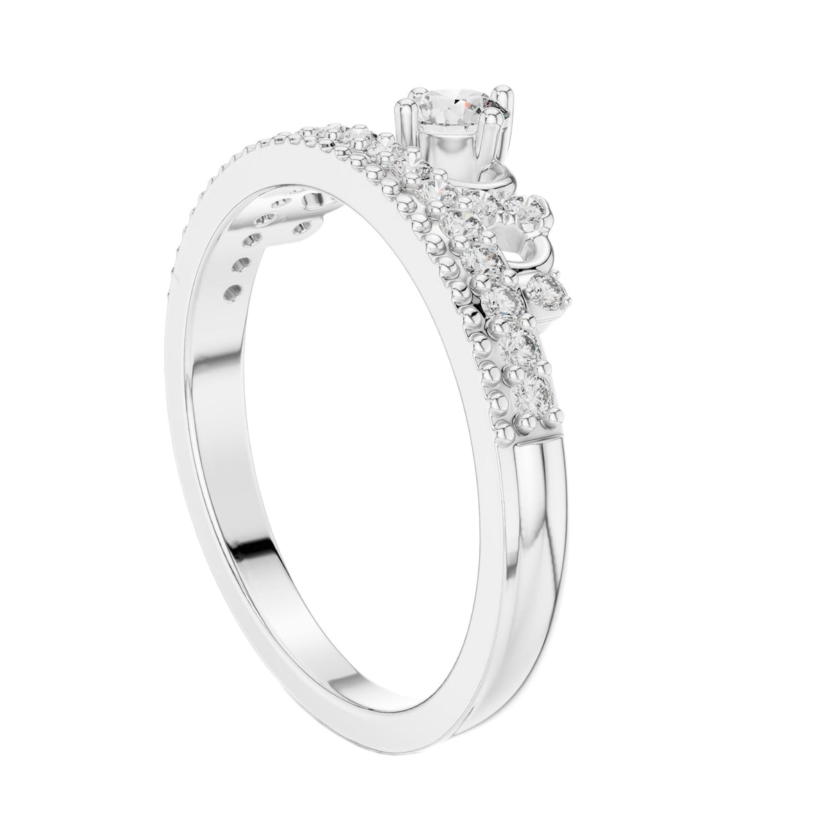 White gold diamond tiara crown ring with round center and pavé crown band
