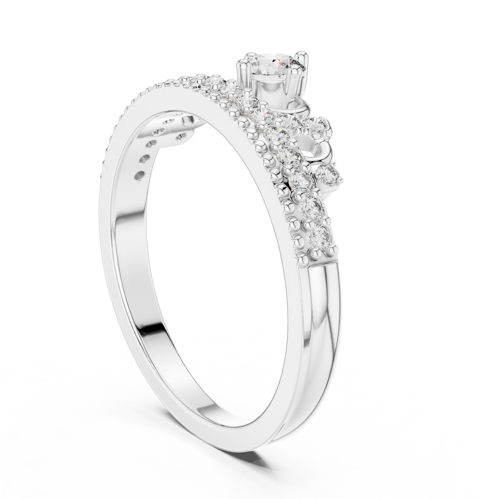 White gold diamond tiara crown ring with round center and pavé crown band