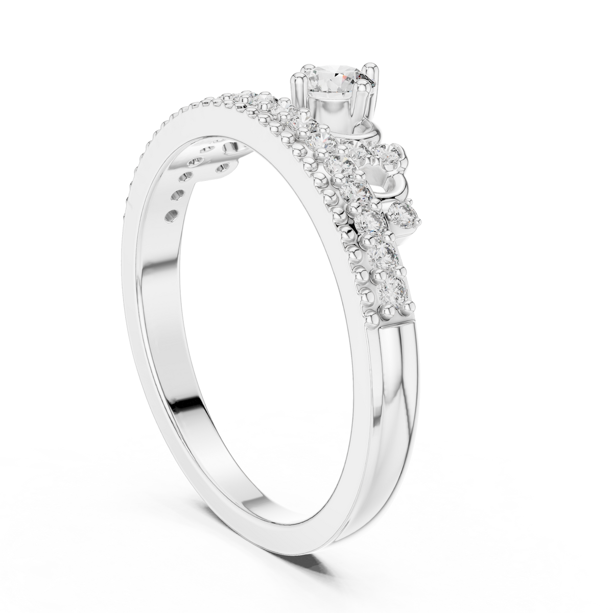 White gold diamond tiara crown ring with round center and pavé crown band