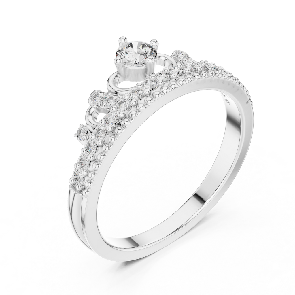 White metal diamond tiara crown ring side view with round center stone and pavé