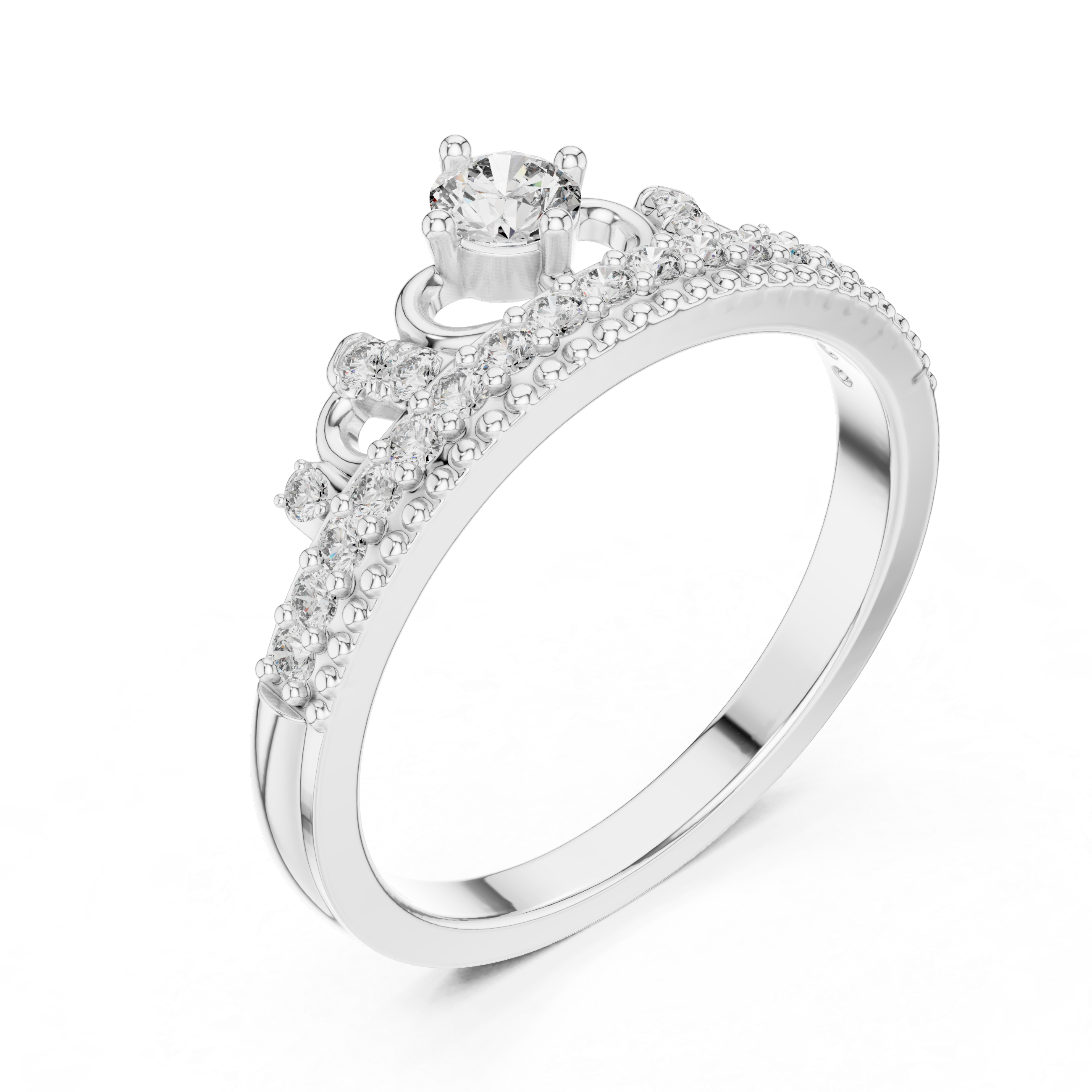 White metal diamond tiara crown ring side view with round center stone and pavé