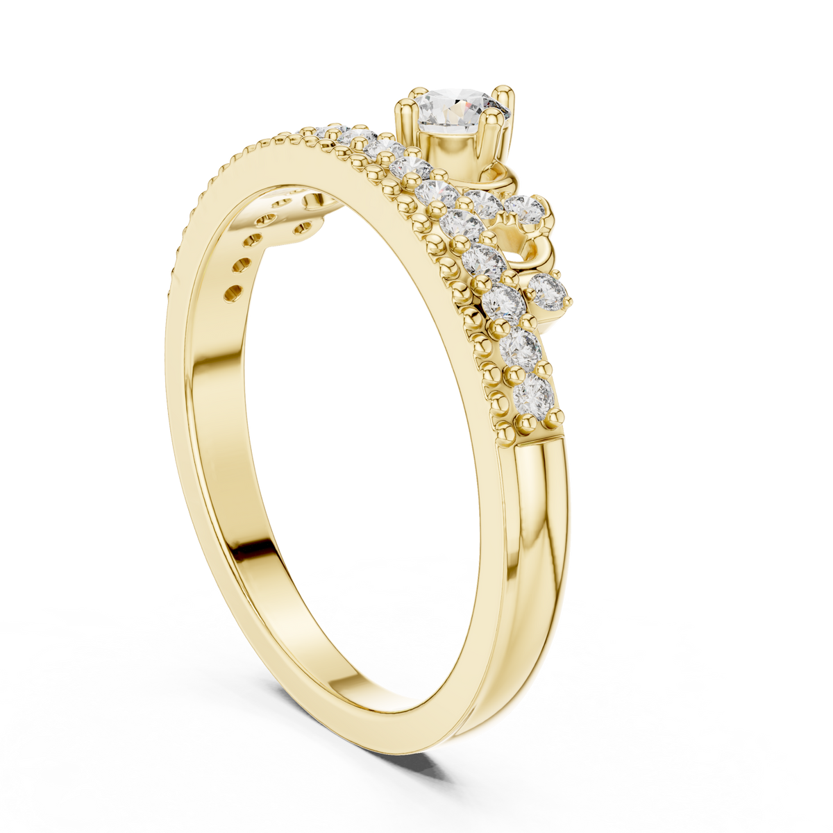 Yellow gold diamond tiara crown ring side profile with crown and pavé stones