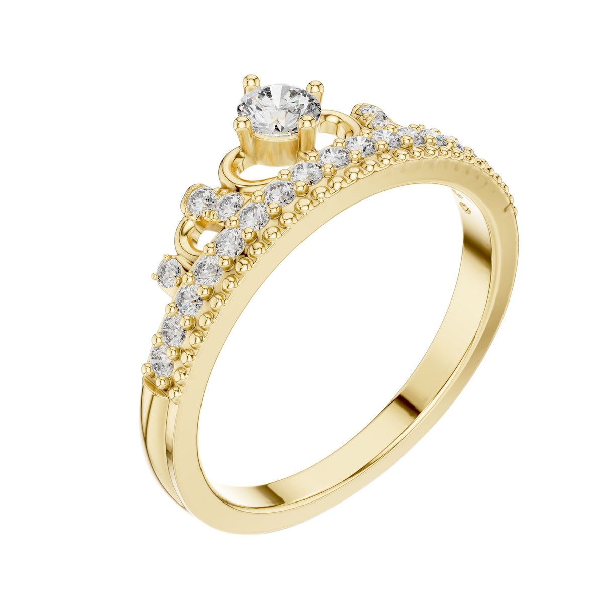 Yellow gold diamond tiara crown ring with round center stone and pavé stones