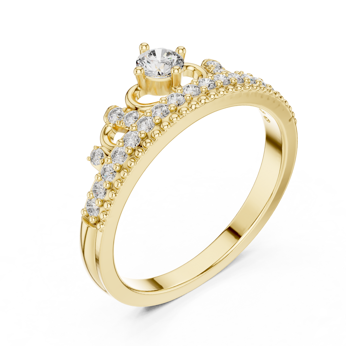 Yellow gold diamond tiara crown ring with round center stone and pavé stones