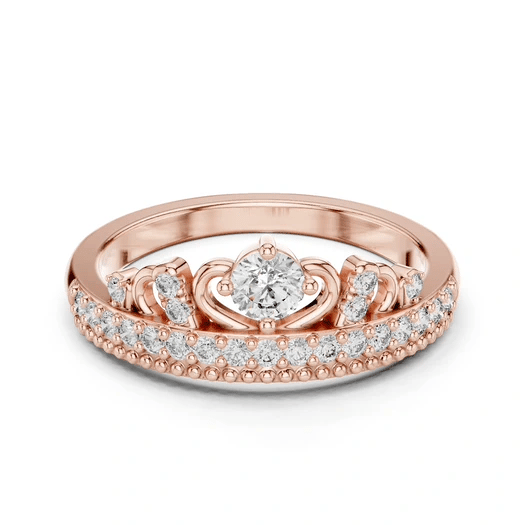 Rose gold tiara crown ring with round center diamond and pavé side accents