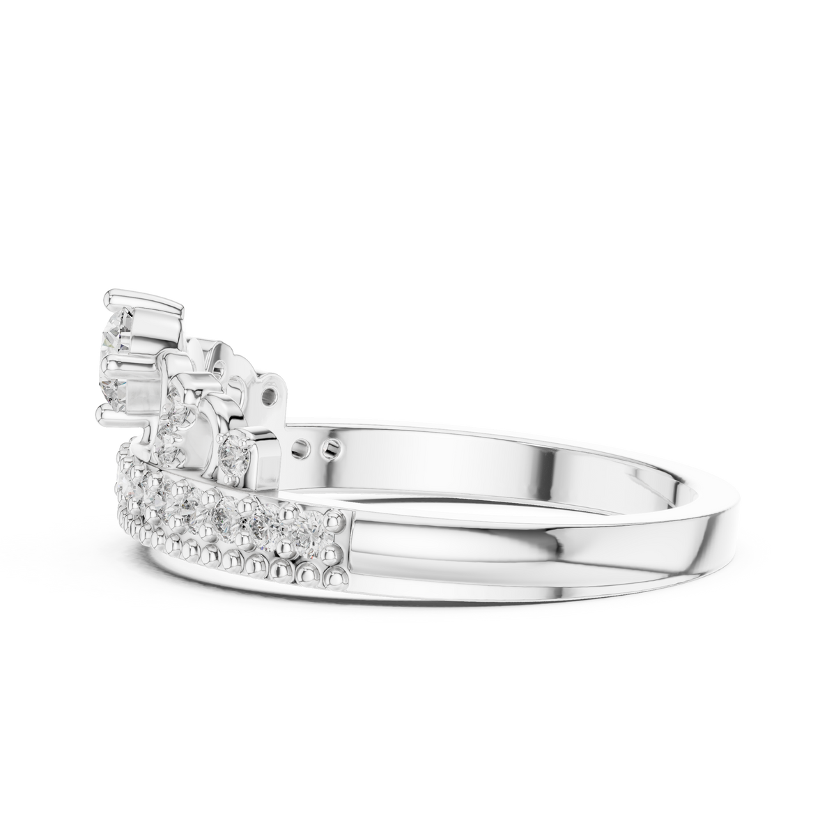 White gold diamond tiara crown ring with round center and pavé crown setting