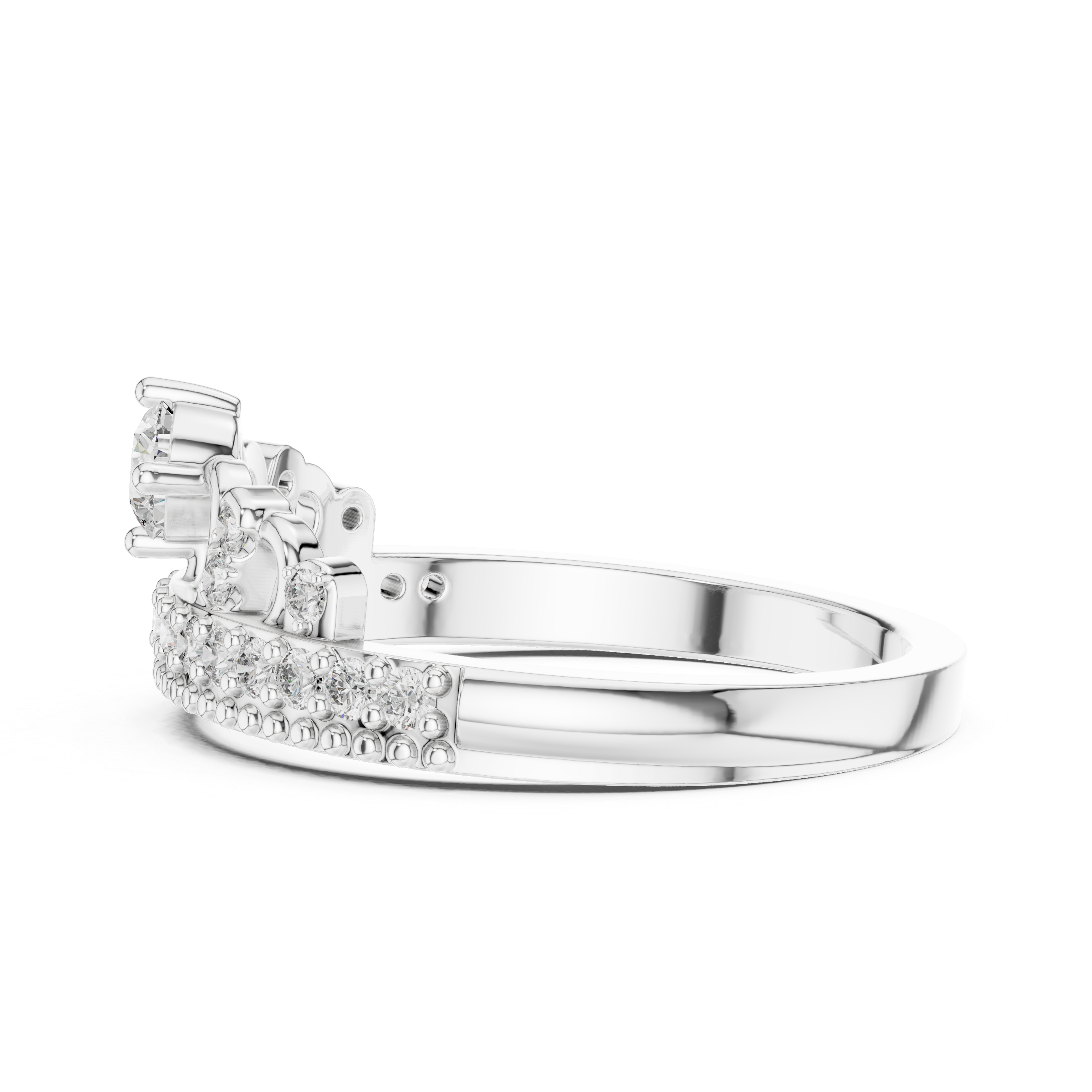 White gold diamond tiara crown ring with round center and pavé crown setting