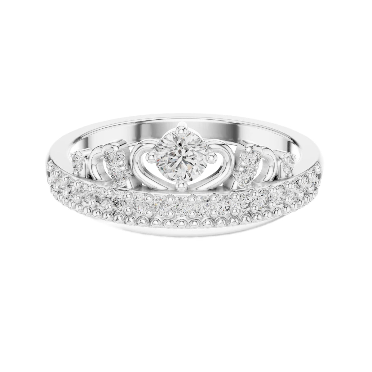 Diamond tiara halo ring with round center stone and pavé band