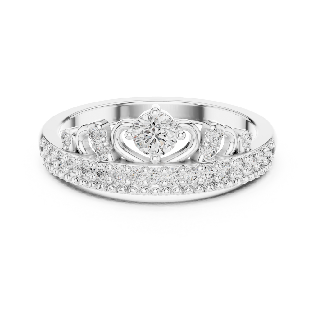 White metal diamond tiara crown ring with round center stone and pavé band