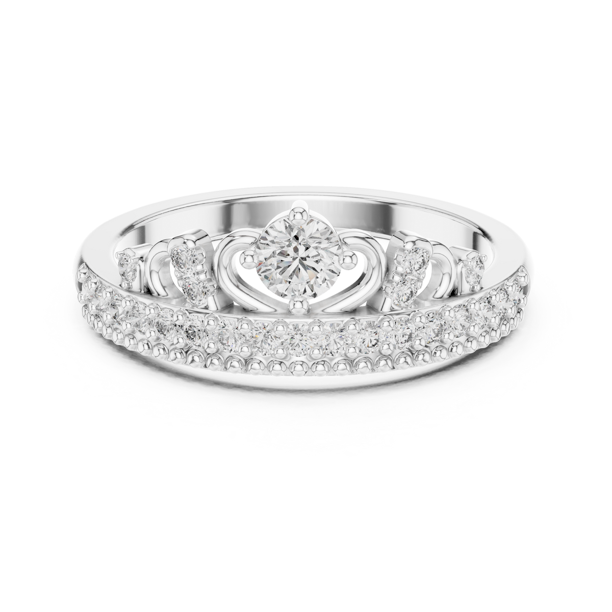 Diamond tiara halo ring with round center stone and pavé band