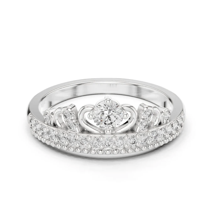 White gold tiara crown ring with round center diamond and pavé side accents
