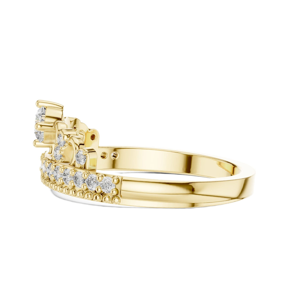Yellow gold diamond tiara crown ring with round center and pavé crown band