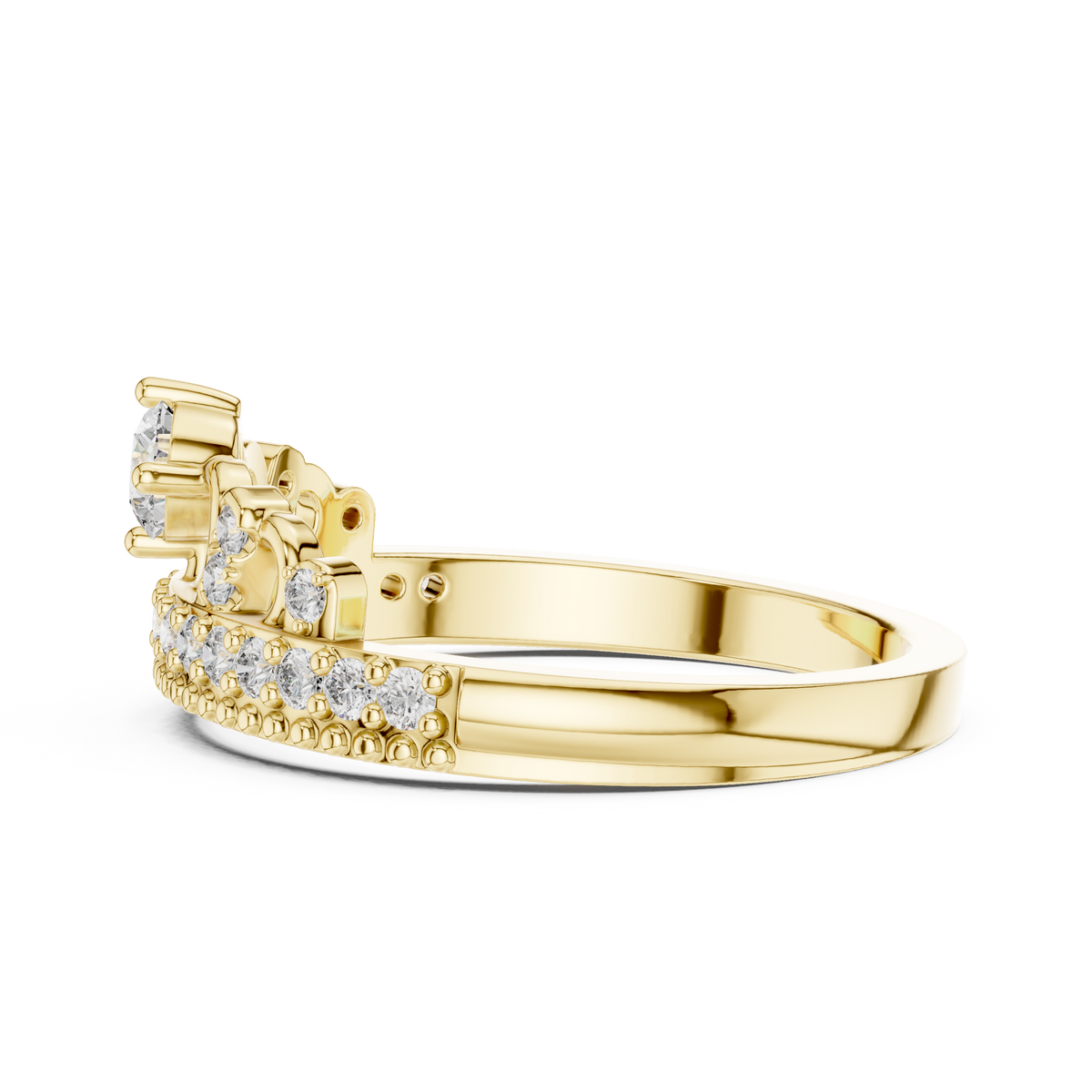 Yellow gold diamond tiara crown ring with round center and pavé crown band