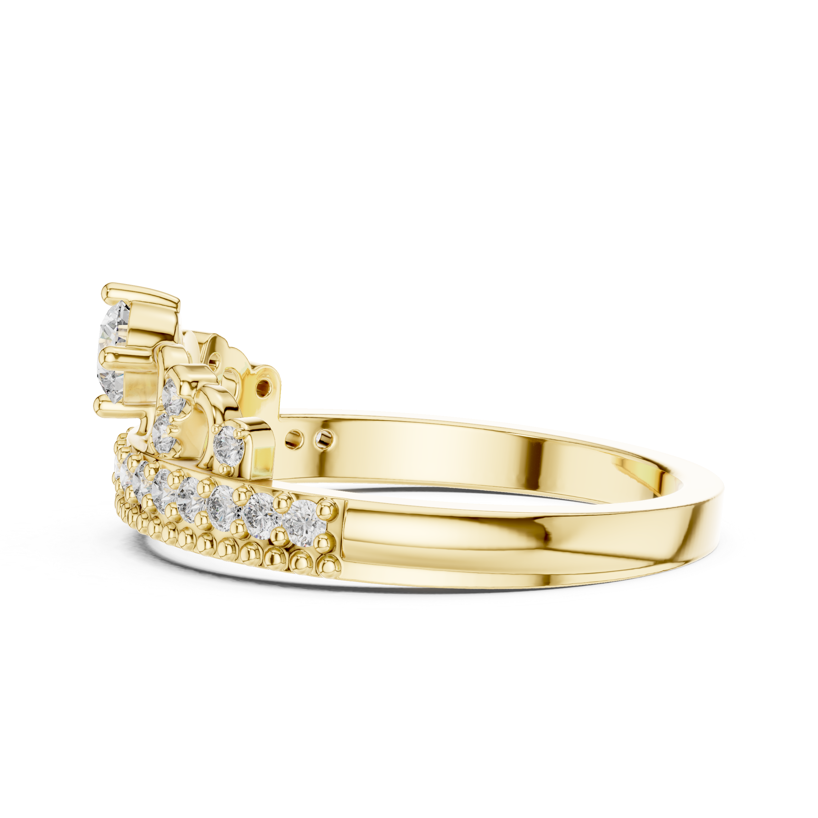 Yellow gold diamond tiara crown ring with round center and pavé crown band