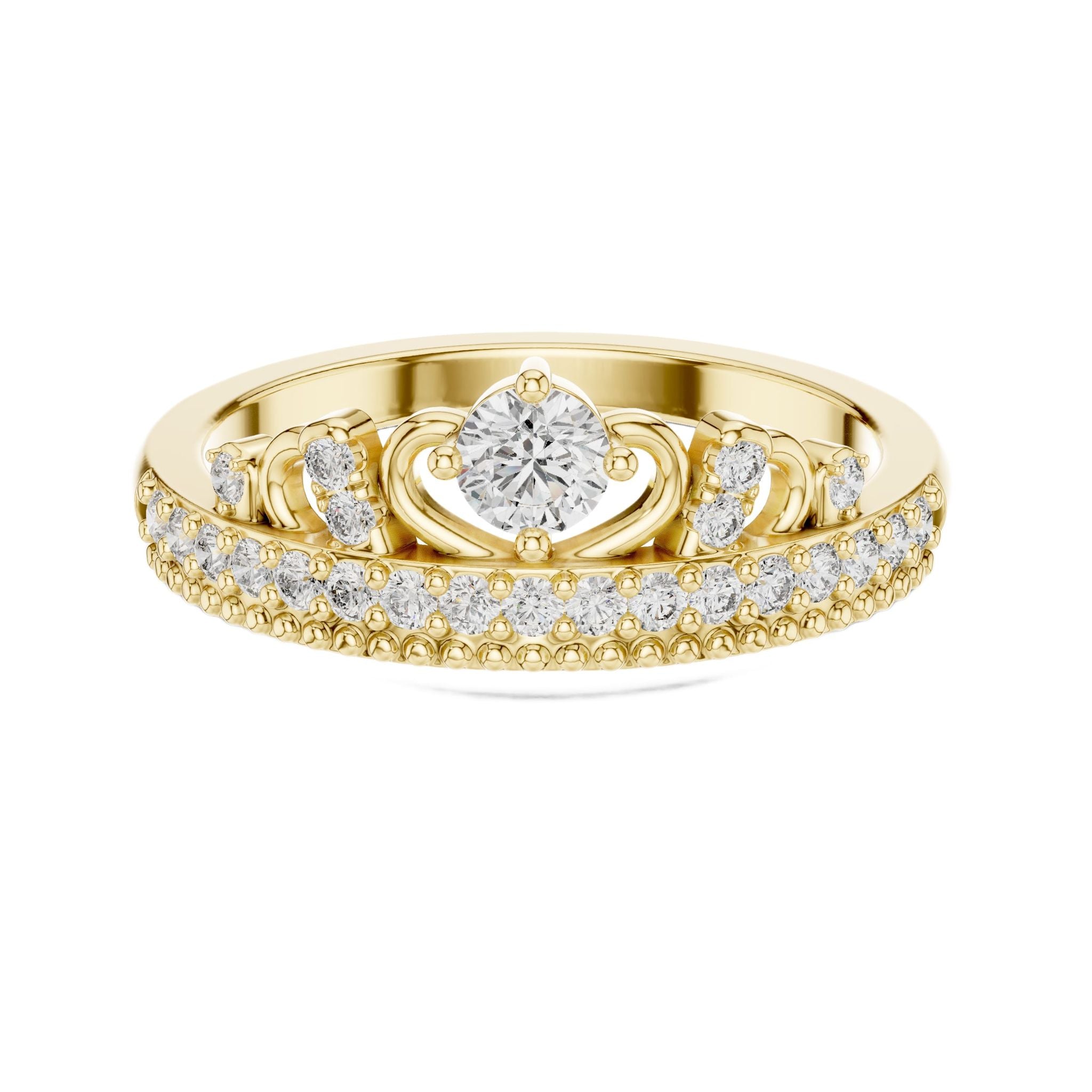 Yellow gold diamond tiara crown ring with round center stone and pavé band