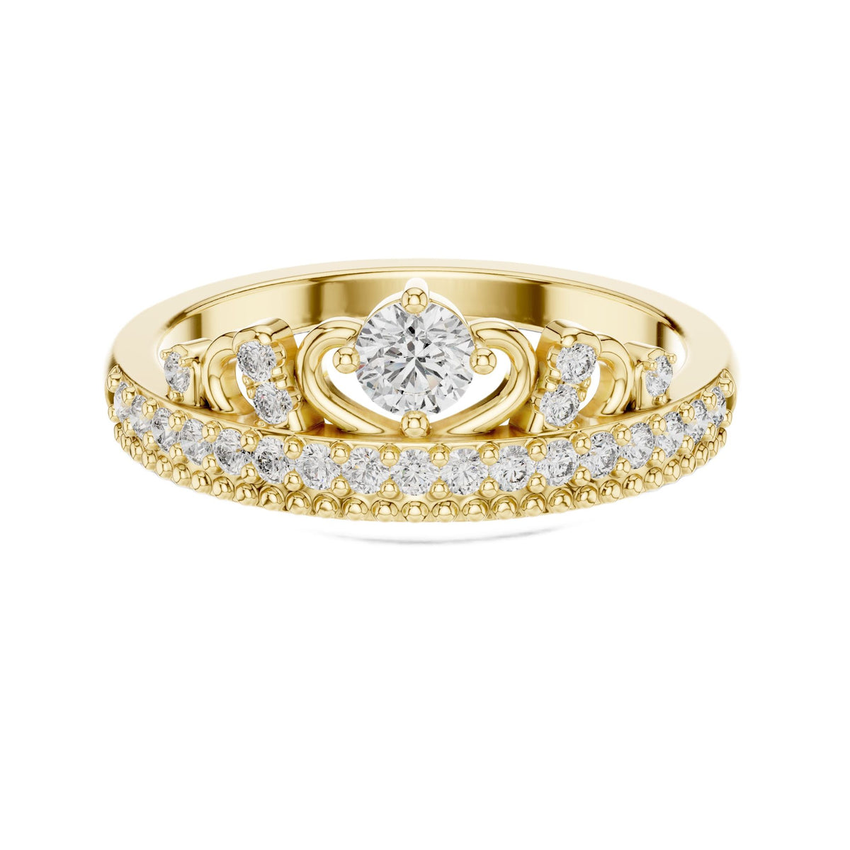 Yellow gold diamond tiara crown ring with round center stone and pavé band