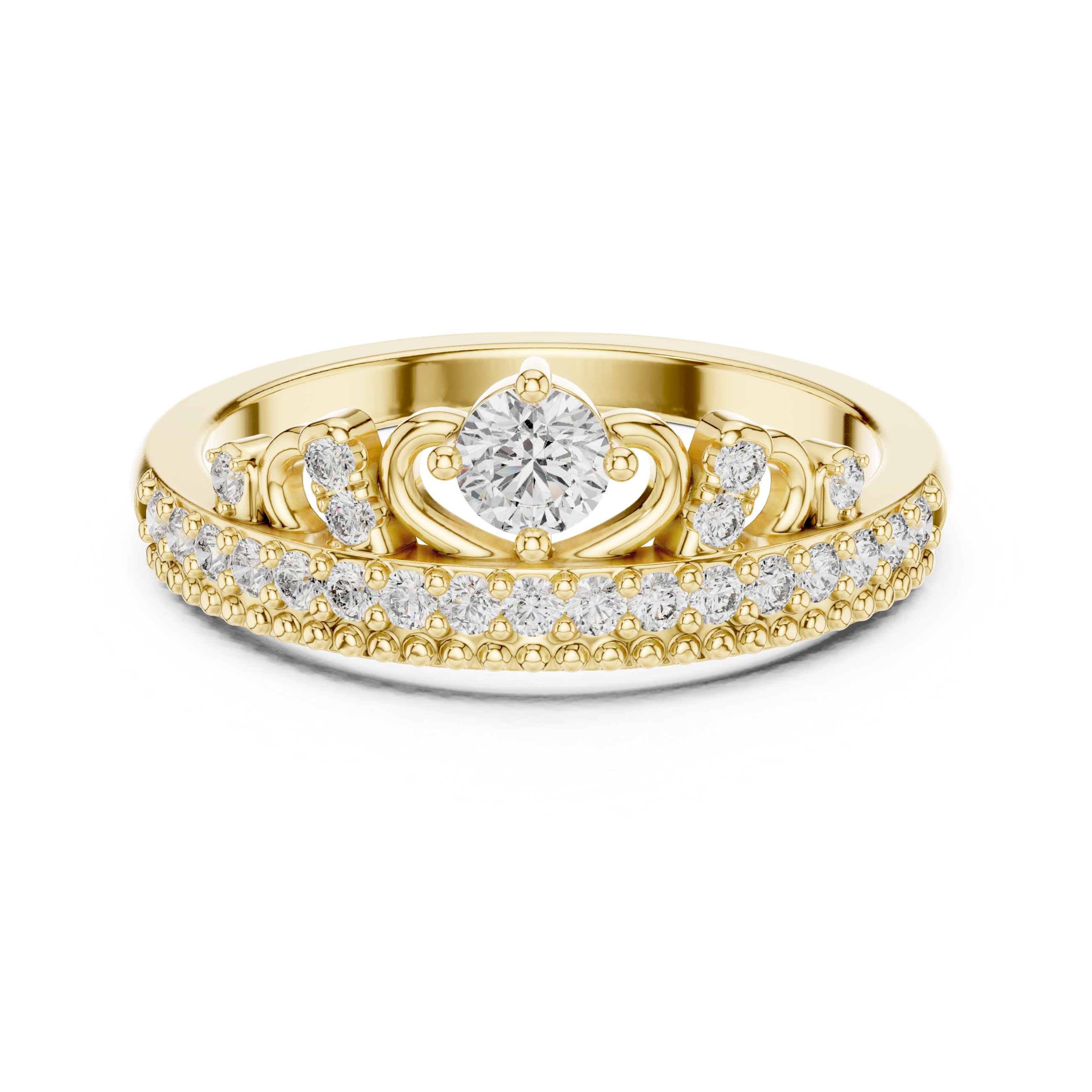 Yellow gold diamond tiara crown ring with round center stone and pavé band