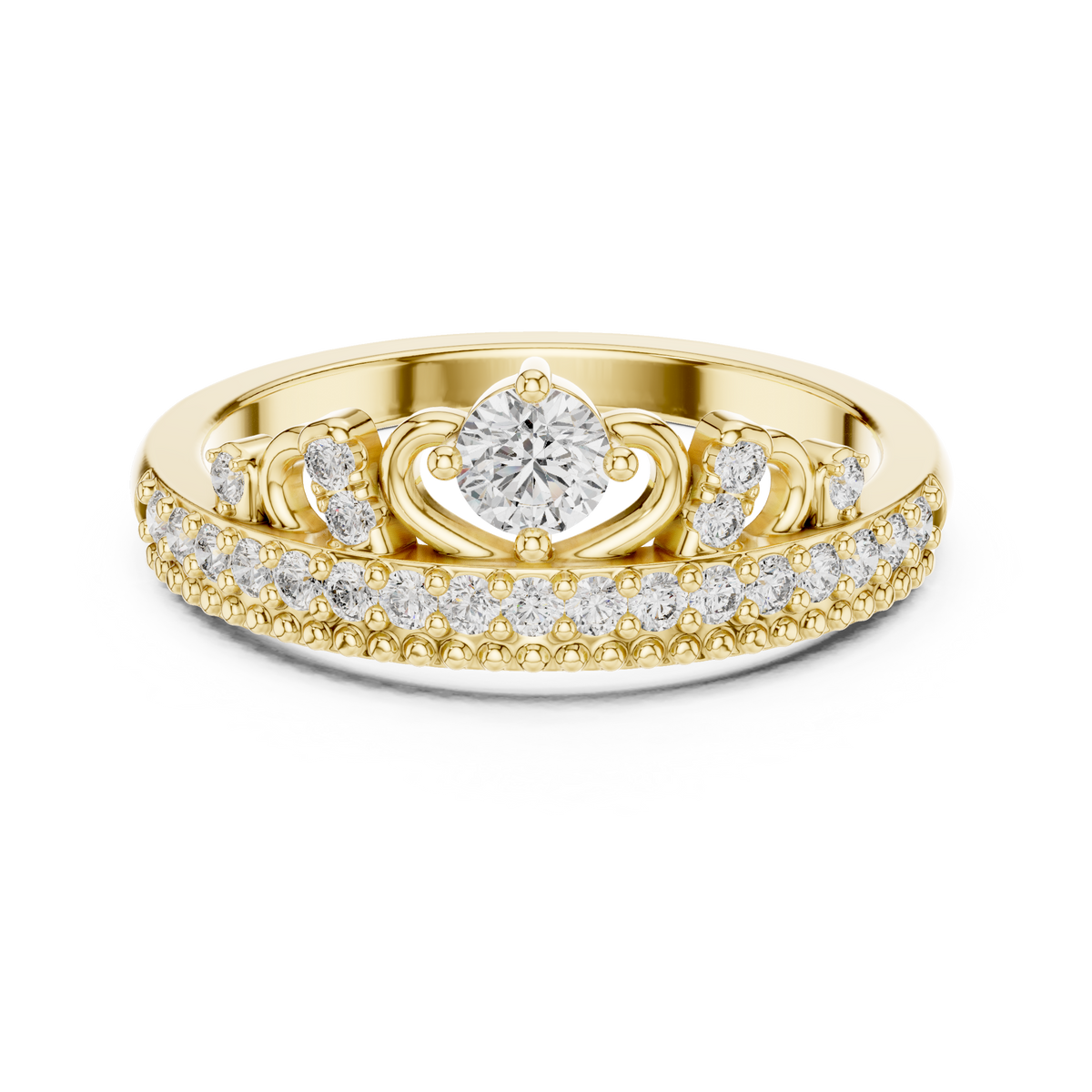 Yellow gold diamond tiara crown ring with round center stone and pavé band