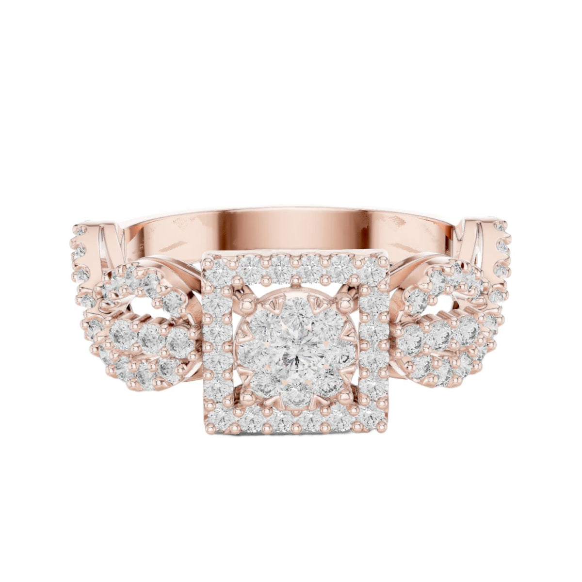Rose gold ring with square halo centerpiece and clear gemstone cluster, front view