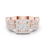 Rose gold ring with square halo centerpiece and clear gemstone cluster, front view