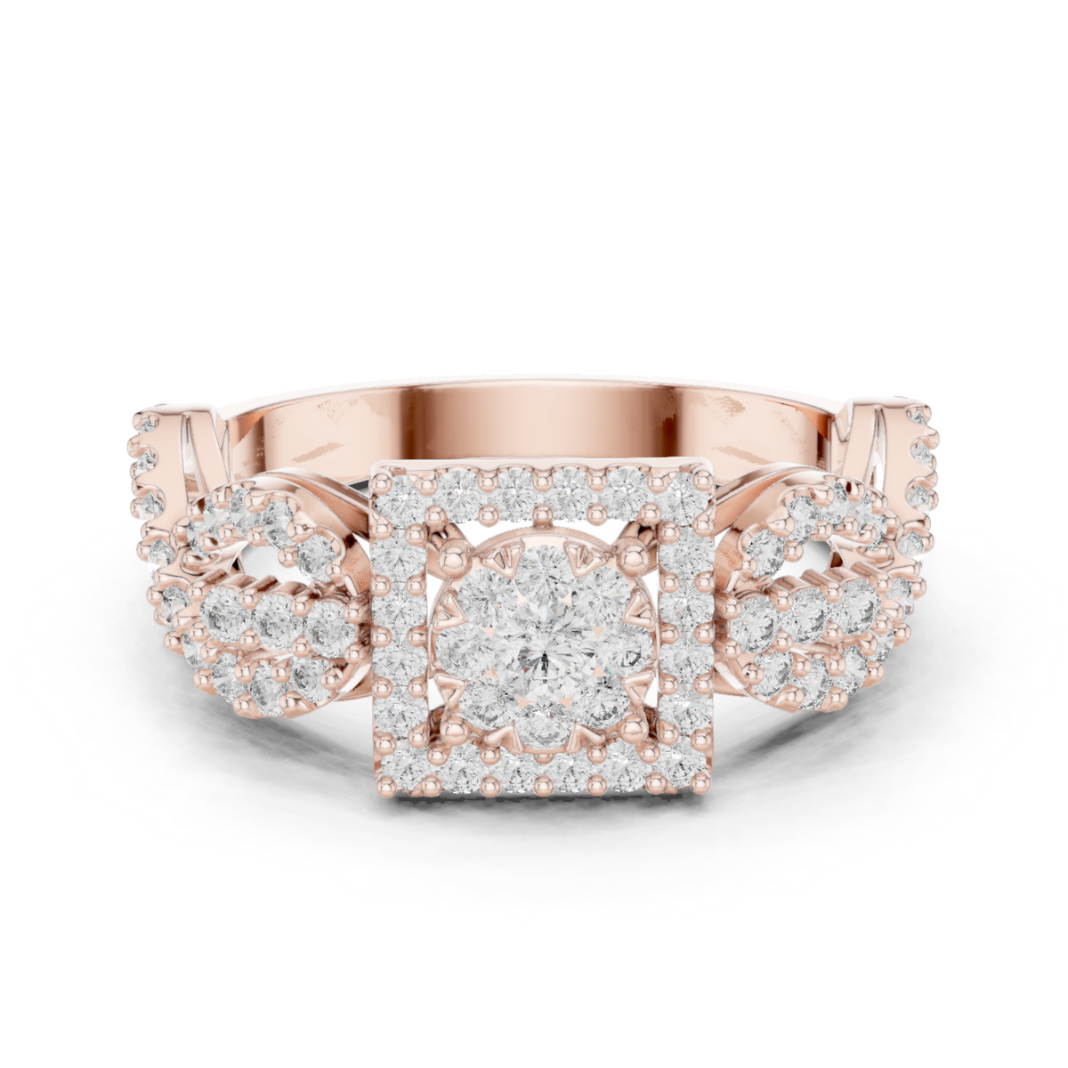 Rose gold ring with square halo centerpiece and clear gemstone cluster, front view