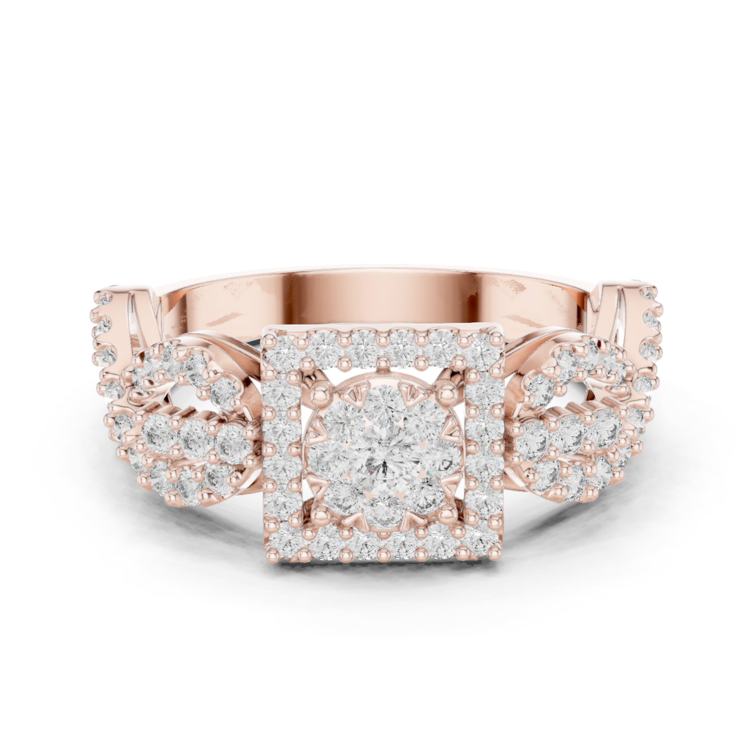 Rose gold ring with square halo centerpiece and clear gemstone cluster, front view