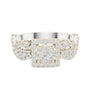 White gold ring with square halo centerpiece and clear gemstone cluster, front view