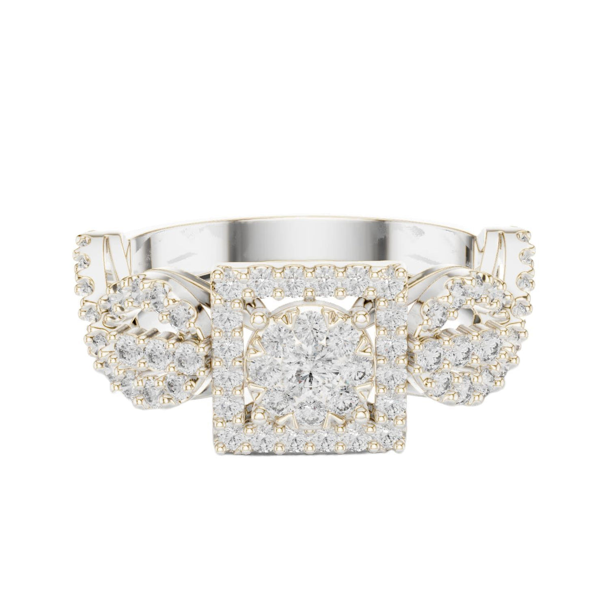 White gold ring with square halo centerpiece and clear gemstone cluster, front view